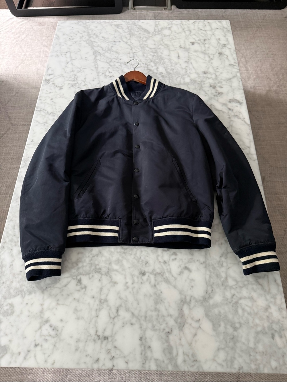 Sandro Navy Bomber Varsity Jacket with Cream Stripes